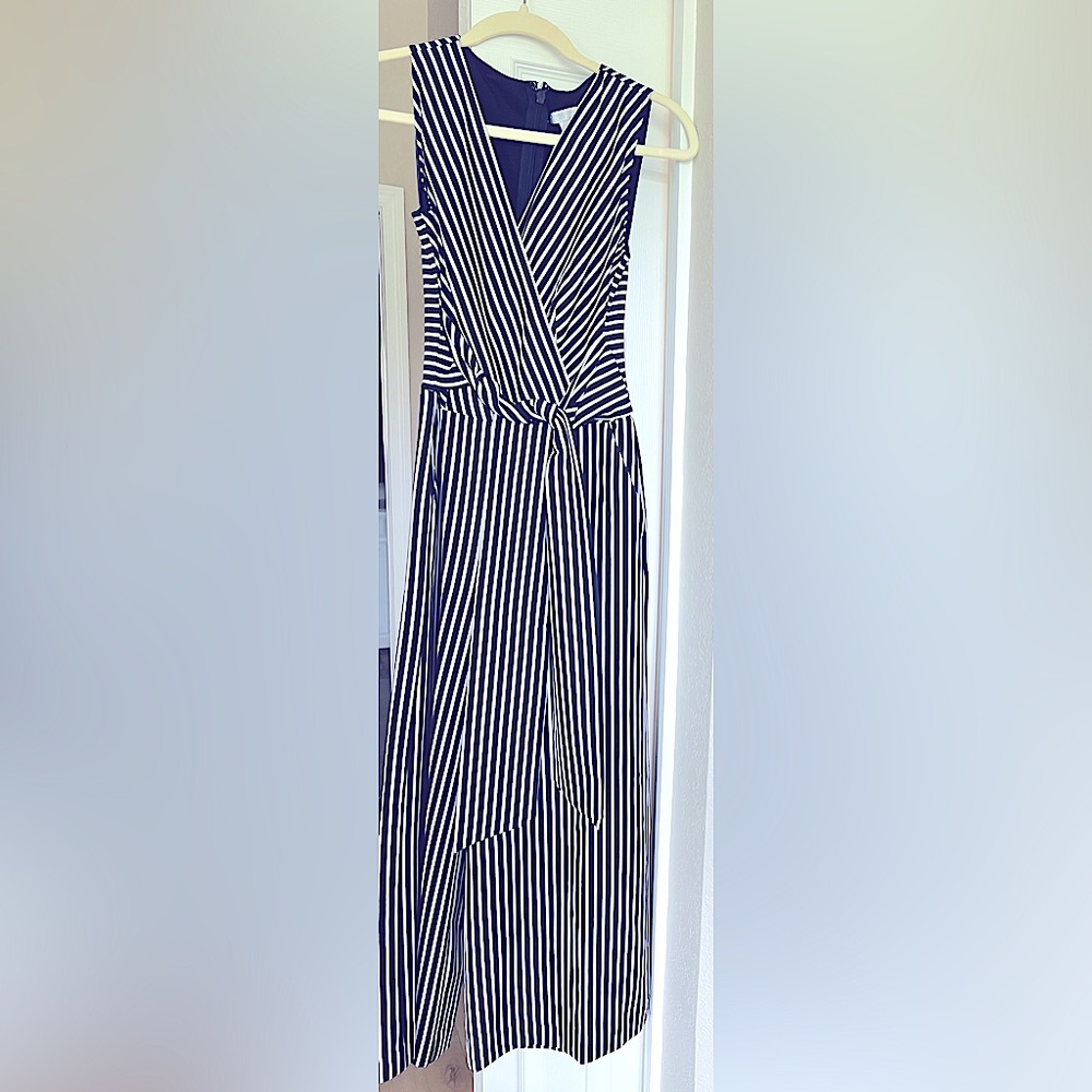 NY & Co Belted Blue/White Striped Jumpsuit
